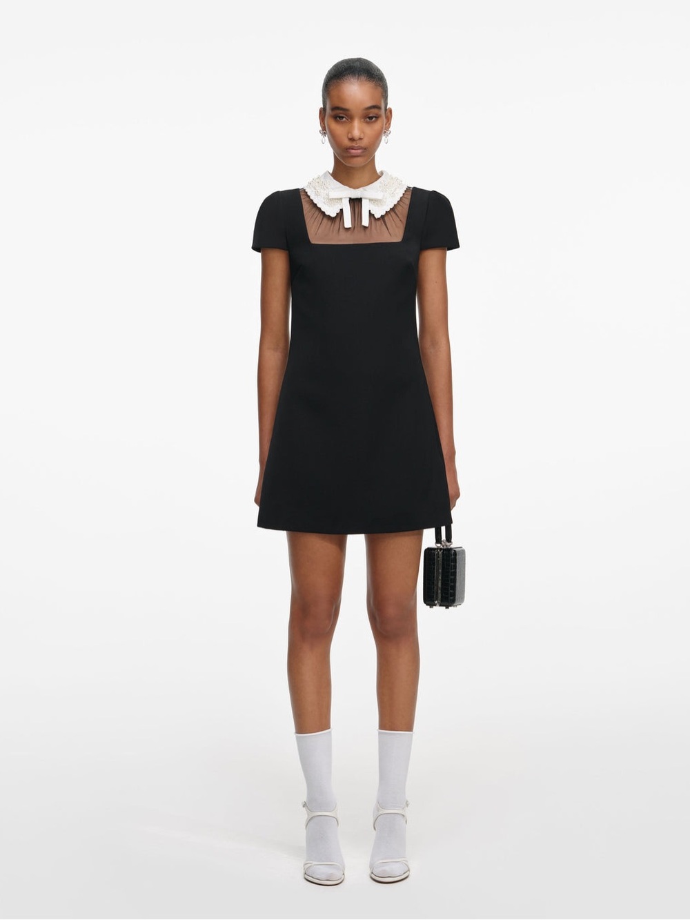 Self- Portrait BLACK CREPE BOW COLLAR MINI DRESS US4 NEW! $570